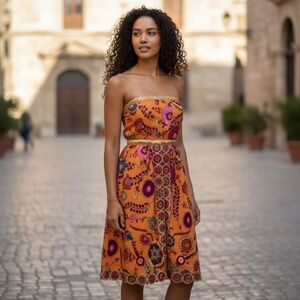 Cynthia Steffe Dress Orange Pink Gold Embroidered Cotton Bali, Size 4